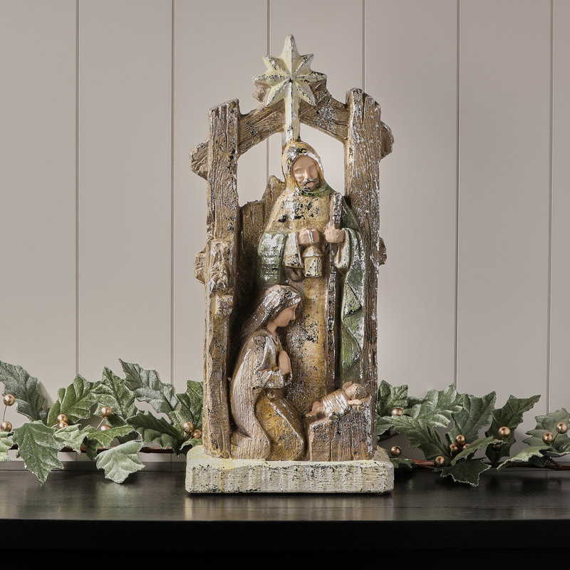 Sainte Famille PaperStone métallique avec crèche