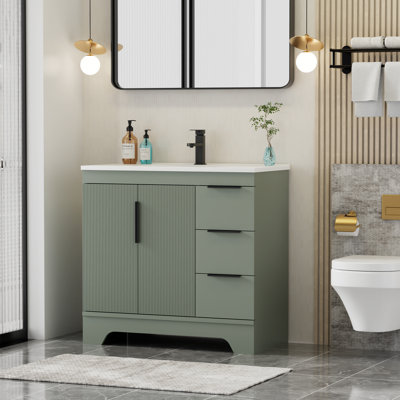 Ensemble de meuble-lavabo simple 36 po Mid-Century avec lavabo en résine, robinet, assemblage requis