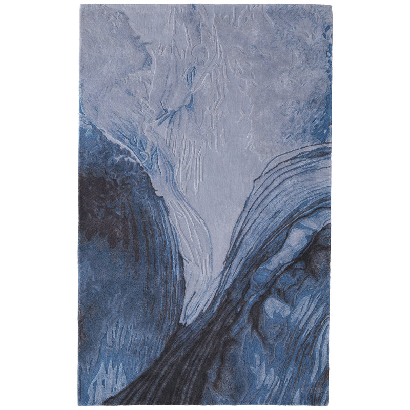 Kawai Hand Tufted Wool/Viscose Abstract Area Rug in Blue/Gray/Black, Rectangle 10' x 14'