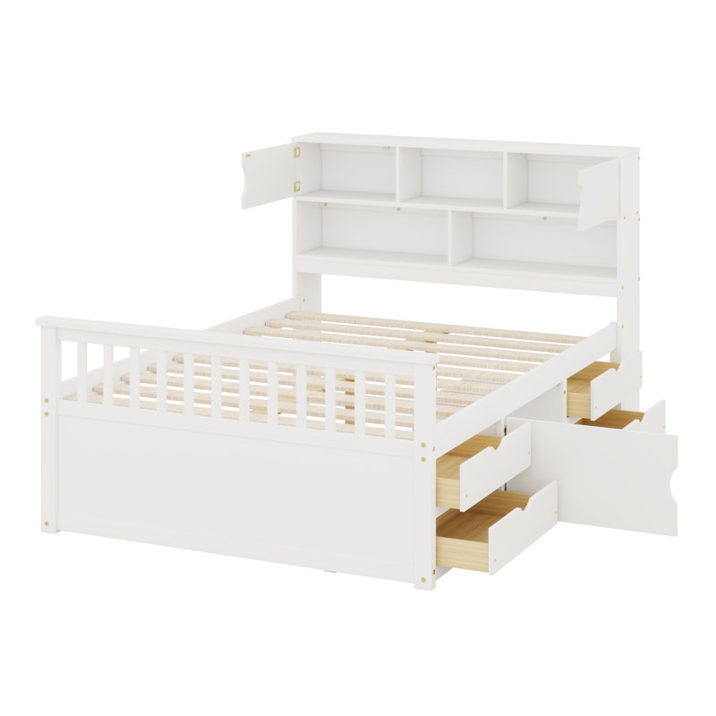 Structure de lit en bois massif avec bibliothèques de rangement, quatre tiroirs et tablettes, Blanc