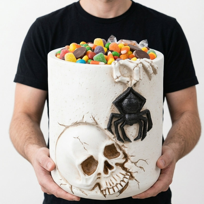 Pot de rangement décoratif en résine avec crâne, araignée et os d'Halloween