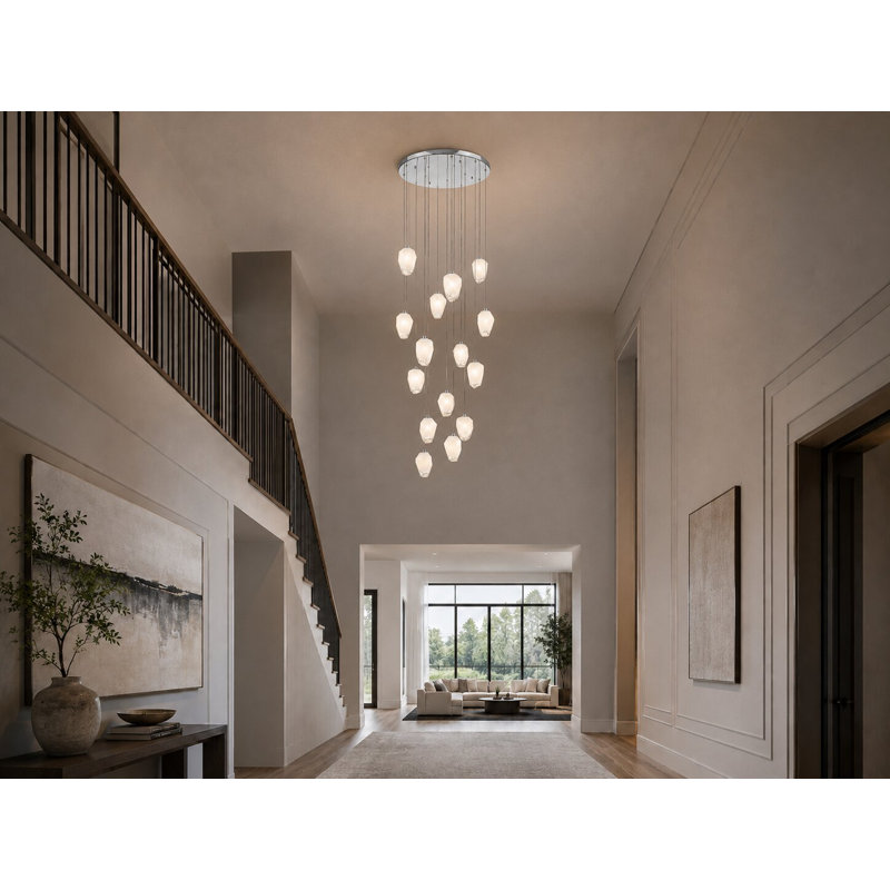 15-Light Chrome Chandelier With White Glass Pendants, Chrome