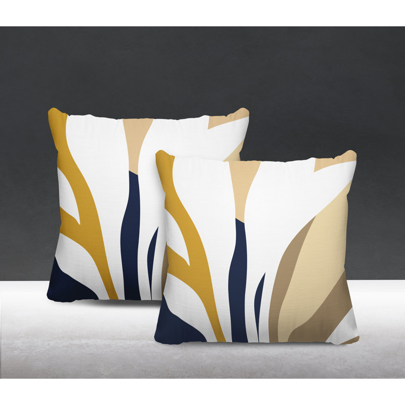Jeté carré en polyester / mélange de polyester intérieur / extérieur, L 17 po x H 17 po, Jaune / bleu marine / beige