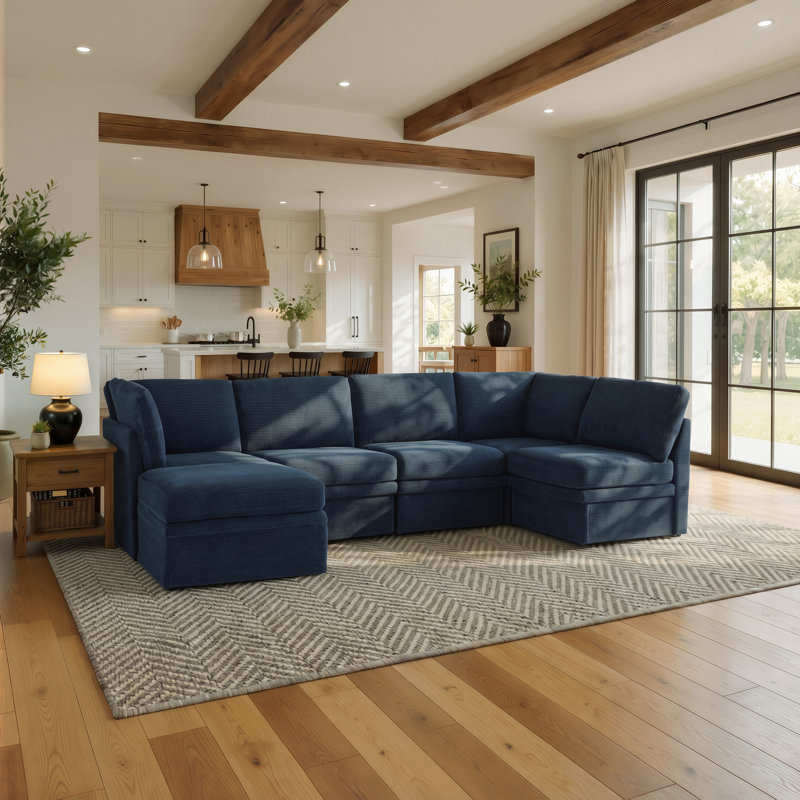 Canapé d'angle modulaire Serta® Brady 126,5 po, montage facile, confort des ressorts ensachés, pouf de rangement, tissu en velours côtelé, bleu marine