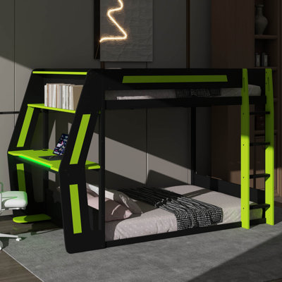 Lit superposé pleine grandeur Esports avec bureau RVB surdimensionné fixé sur le côté, prises de recharge USB et trou pour câbles, barre lumineuse à DEL