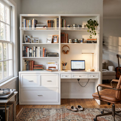 Pierce 86.6'' H X 77.2" W Computer Desk With Bookcase Hutch, Open Shelves, Storage Drawers(Not Included Ladder)