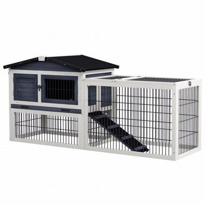 2 Levels Outdoor Rabbit Hutch With Openable Top, 59" Wooden Large Rabbit Cage With Run Weatherproof Roof, Removable Tray, Ramp