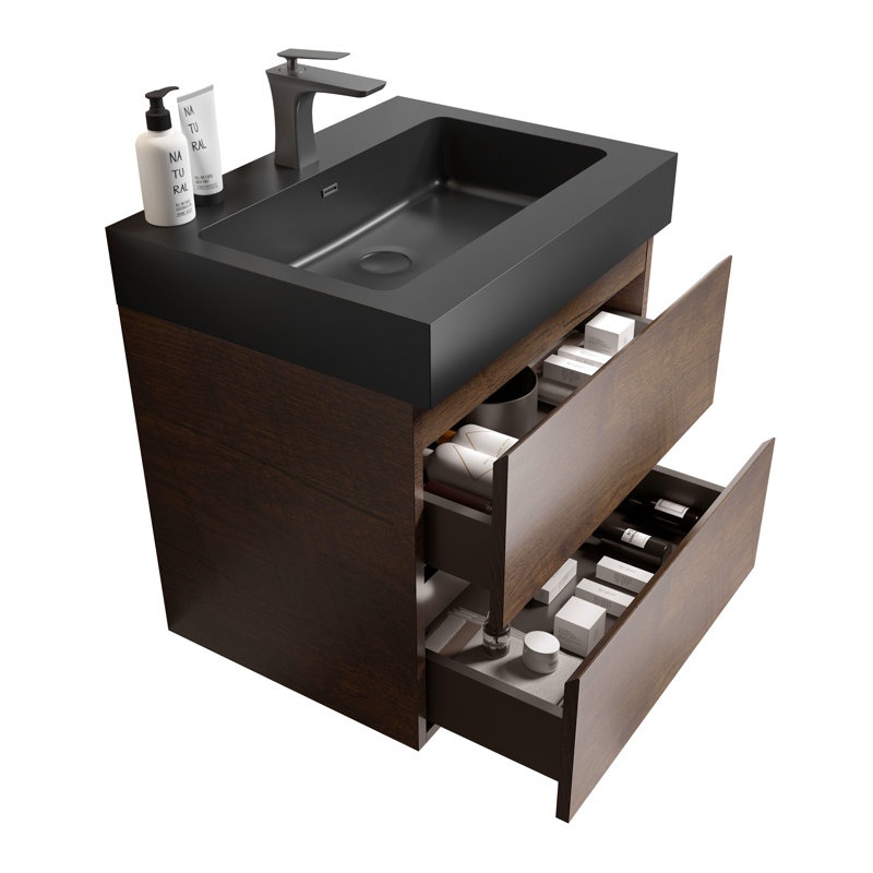 Meuble-lavabo simple mural avec surface solide avec trop-plein, pré-assemblé, Noyer, Noir mat, 24"