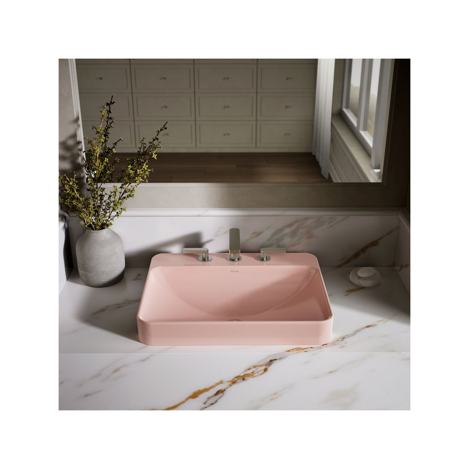 Vox Vitreous China Rectangular Vessel Bathroom Sink with Overflow, 3, Peach Blow