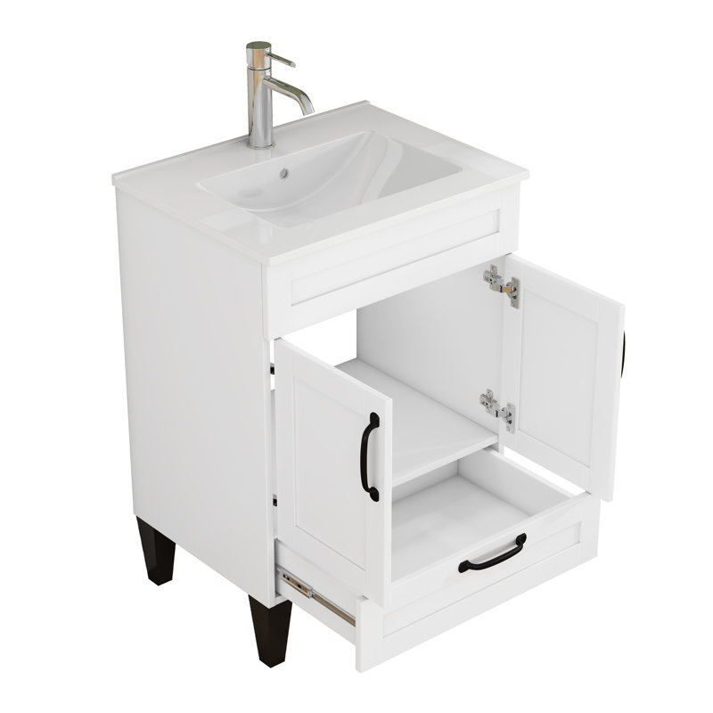 Meuble-lavabo blanc de 24 po avec lavabo, poignées en métal noir, charnières à fermeture en douceur, rangement pour les serviettes