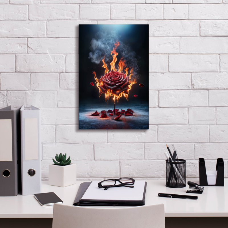 «Red Rose On Fire 2» par Rey Klimt, art mural sur toile, H 18 po x l 12 po x P 0,75 po