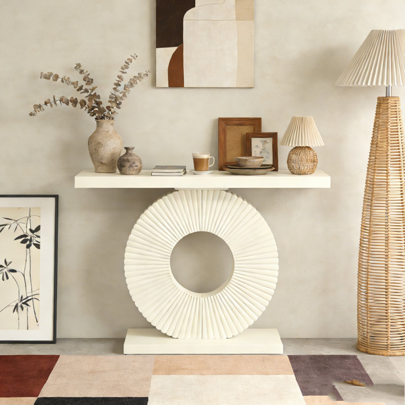 Modern Wood Sofa Table with Geometric Base, White