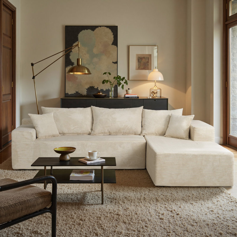 2 - Piece No Assembly Required Compression Sectional Free Combination Sofa，Upholstery Boneless Couch L-Shape Chaise Sofa, Deep Seat Corduroy Comfy Sofa With Pillow