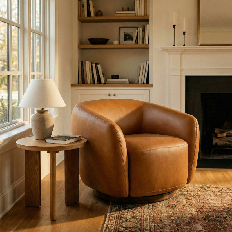 Fauteuil d'appoint pivotant en cuir véritable italien avec base en bois, entièrement assemblé, Tan
