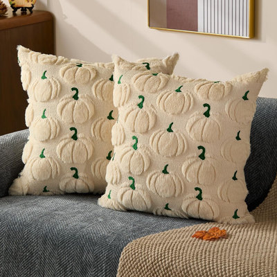 Ensemble de 2 housses de coussins d'automne 18 x 18 automne décorations d'automne beige citrouille coussins décoratifs moelleux en fausse fourrure en laine housse de coussin pour chaise canapé salon décoration PTK042A18