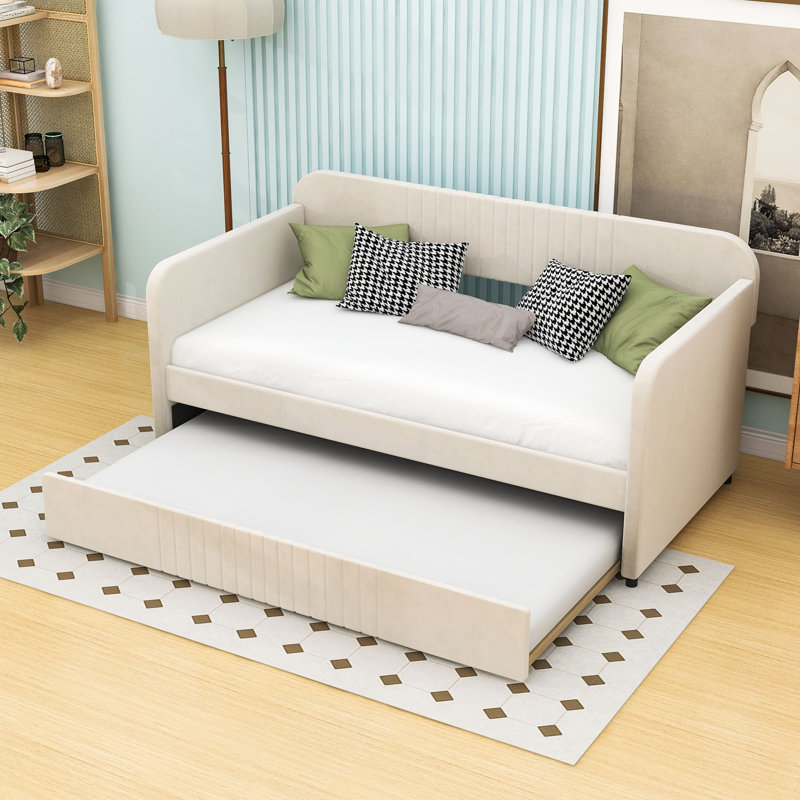 Tyrome Twin Size Velvet Upholstered Daybed With Twin Size Trundle, Beige