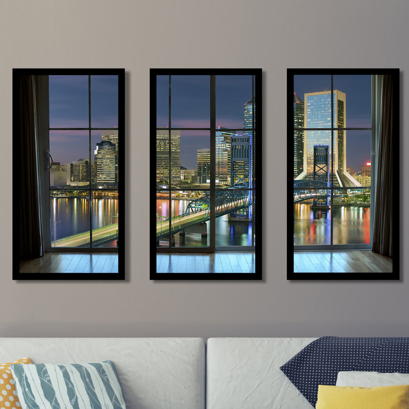 « jacksonville, floride, usa city city horizon city », ensemble de 3 reproductions de photos encadrées