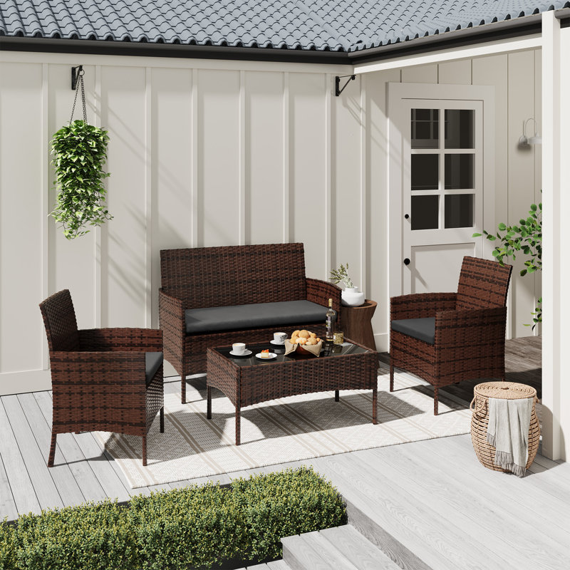 4-Person Wicker Outdoor Patio Conversation Set with Cushions and Coffee Table, Gray