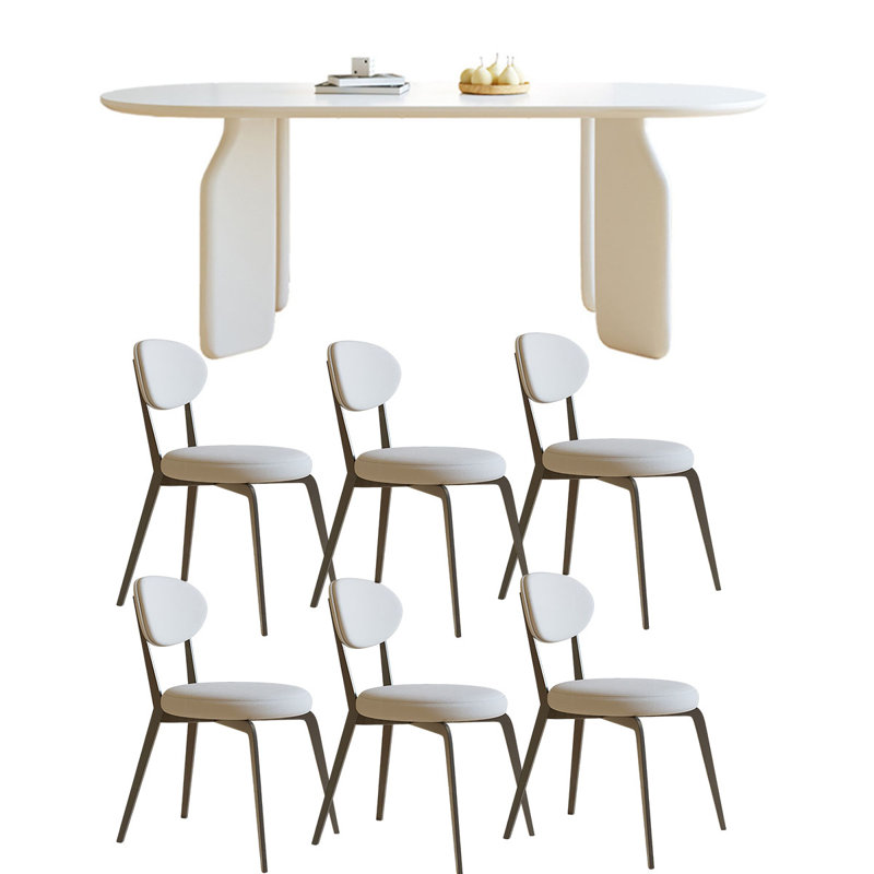 Table de salle à manger en marbre blanc avec pieds en bois, 7 Pieces: Table, 6 Chairs, H 31,5 po x l 55,1 po x P 29,5 po