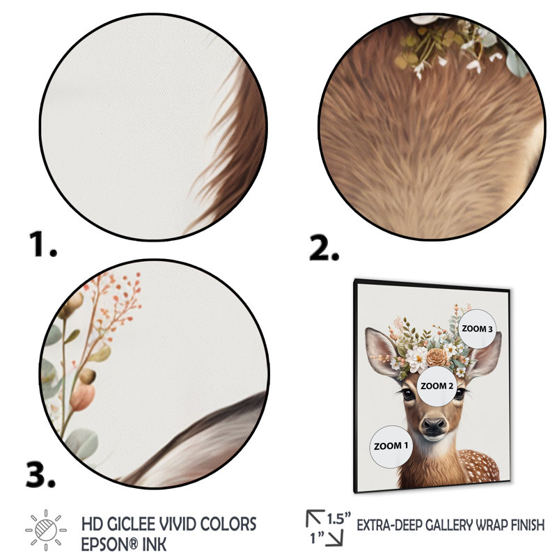 Mignon bébé cerf avec couronne florale I - animaux, art mural sur toile, L 30 po x H 40 po, Toile avec cadre photo noir