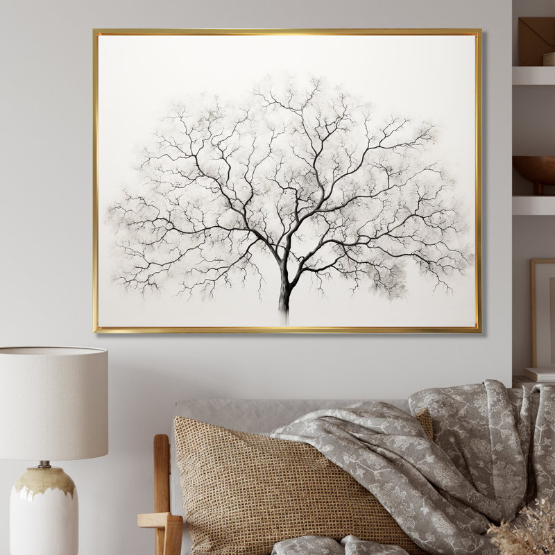Érable blanc et gris minimalisme sur toile, H 34 po x l 44 po x P 1,5 po, Cadre flottant doré