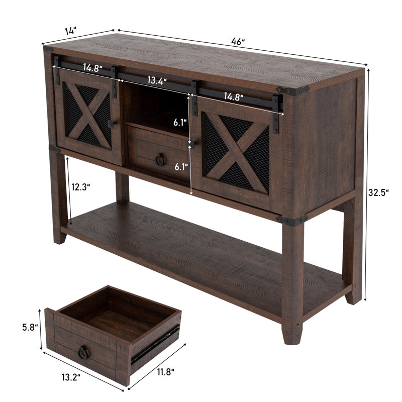 46'' Entryway Cabinet With 2 Sliding Barn Doors & Drawer Console Table Wood Sideboard Buffet For Living Room Hallway, Brown