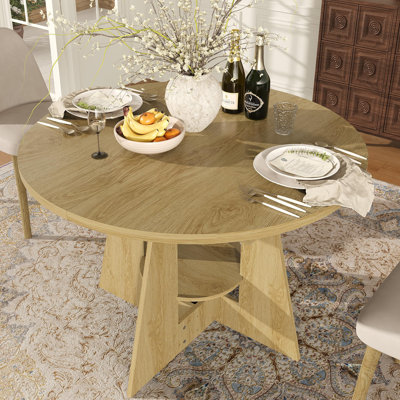Round Dining Table for 4 with Storage Shelf, Thick Mark-Resistant Easy-Clean MDF Top
