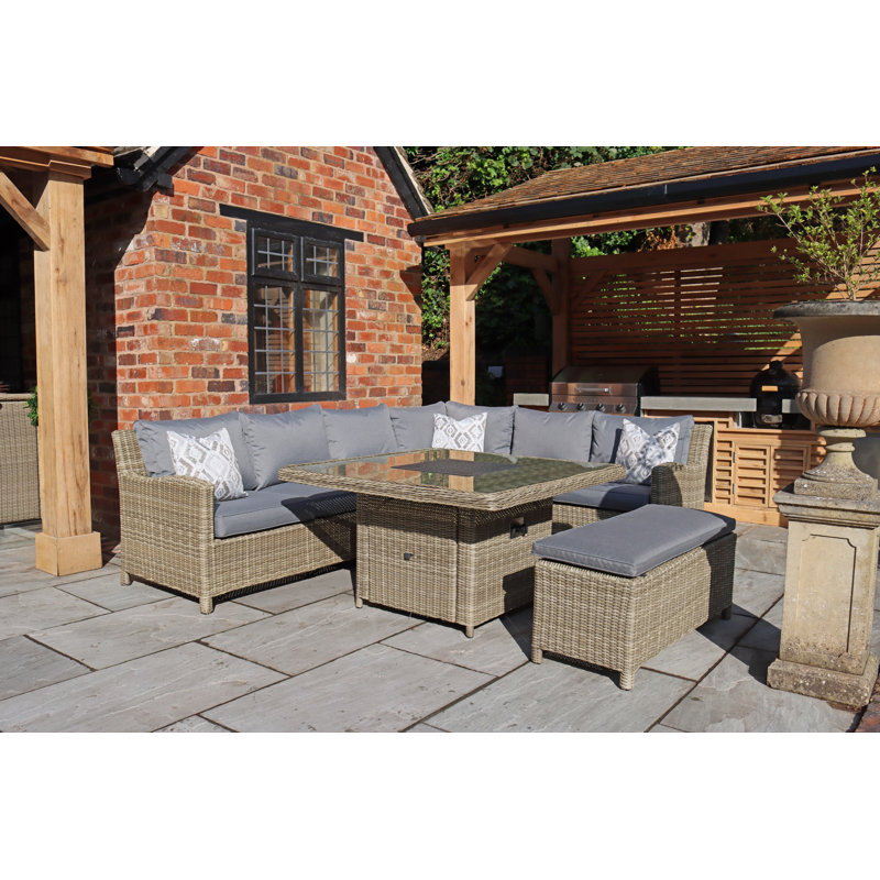 WENTWORTH 7pc Deluxe Modular Corner Dining / Lounging Set 2pc LH & RH sofa, 1pc Corner Seat, 1pc Middle Chairs, 1pc Fire Pit Table & 1 Bench including Cushions