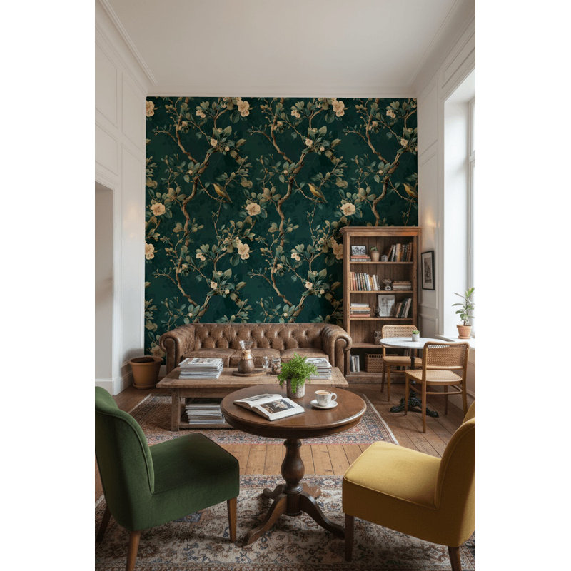 Papier peint floral, oiseau rétro