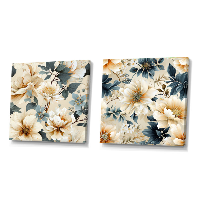 Immortelle - Ensemble de 2 collages carrés floraux, H 30 po x l 61 po, Toile tendue