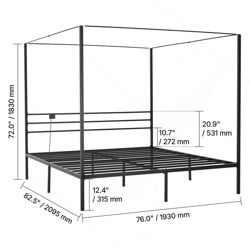 Structure de lit à baldaquin très grand, lit à baldaquin en métal avec station de charge et conception à quatre affiches, support de lattes en acier robuste, espace de rangement sous le lit, aucun sommier requis, assemblage facile