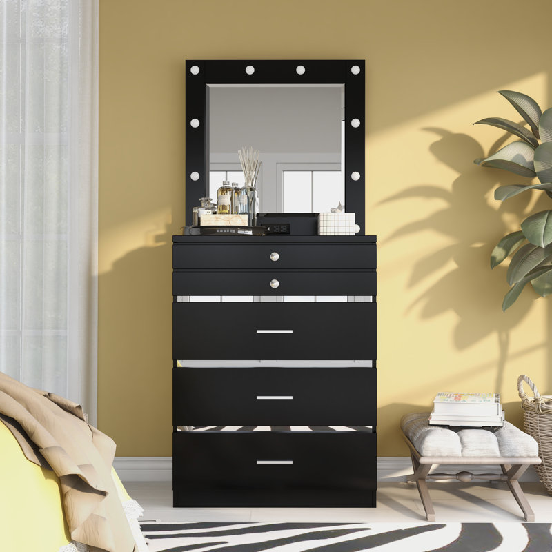 Sarim 29.5'' W 5 - Drawer Dresser, High Gloss Black