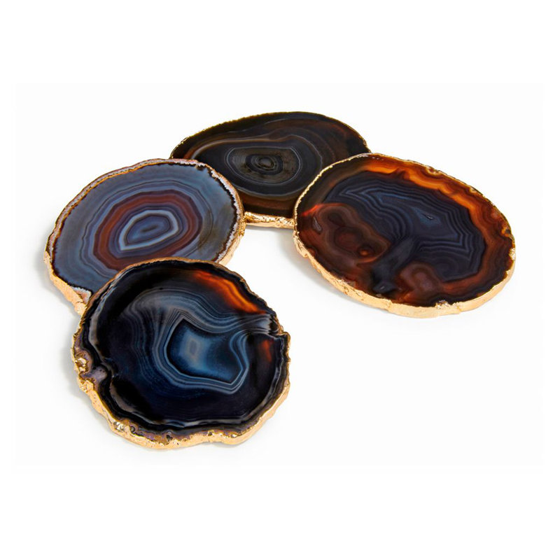 Colorful Agate Stone Drink Coasters with Gold Edging, Set of 4