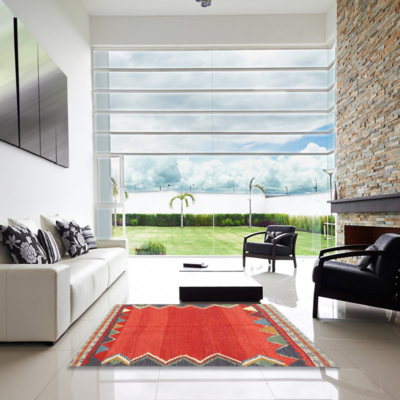 Tapis de zone rouge/gris contemporaine, Carré 8 pi