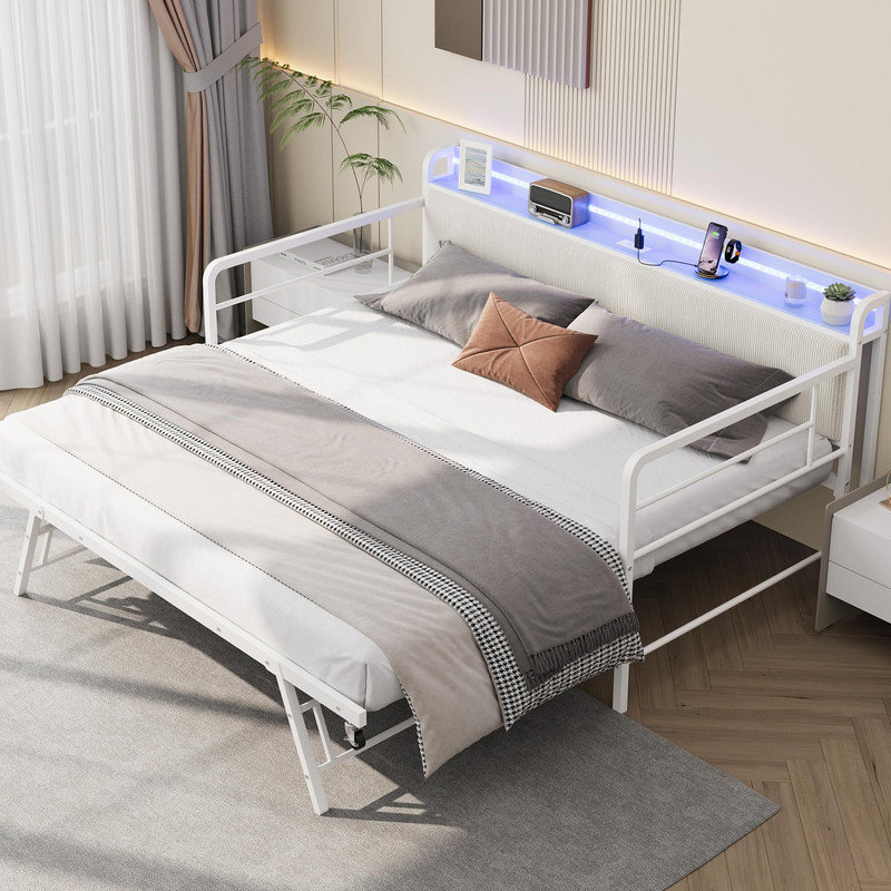 Twin Daybed with Trundle, LED Lights & Charging Station – Corduroy Headboard, White