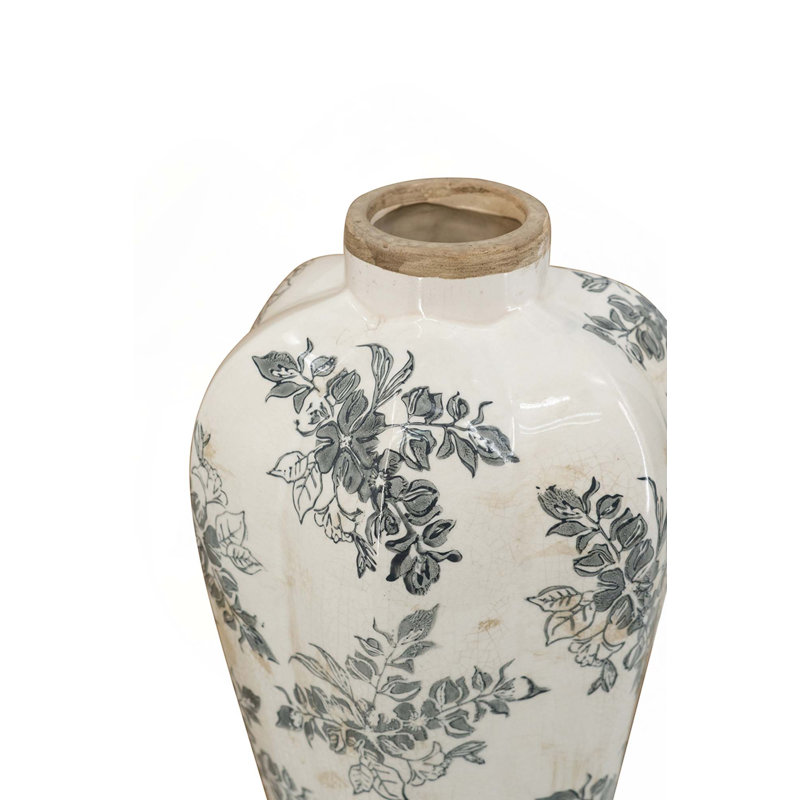 White Ceramic Accent Vase With Gray Floral Design, 13.6" H x 8.1" W x 8.1" D