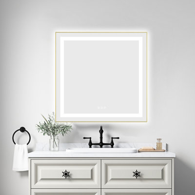 Miroir de salle de bain mural 30 "X avec éclairage à DEL, 3 couleurs, brouillard, cadre en aluminium, mémoire, gradation continue, brume dorée brossée