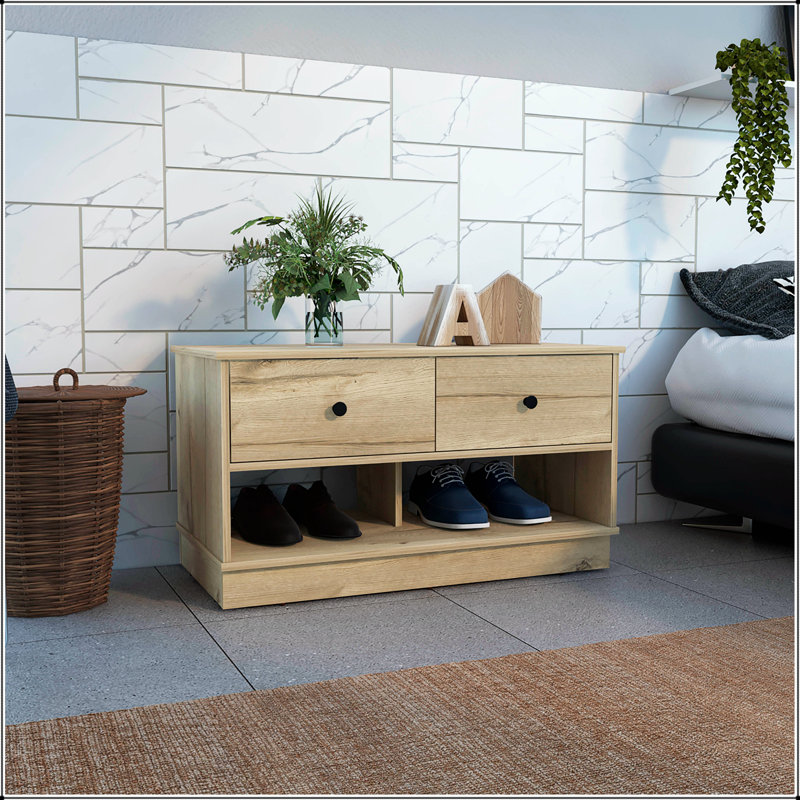Storage Bench – Two Open Shelves, Two Drawers – Hamilton Series, Metal Rail Details