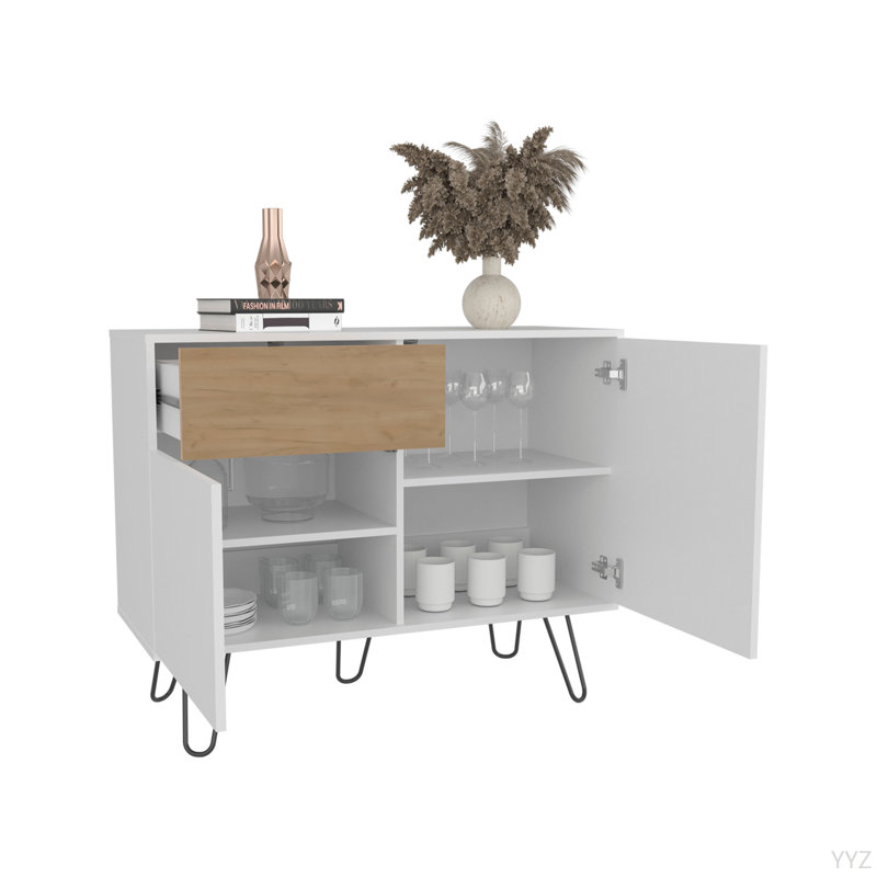 Console Tori de 39 po de largeur avec deux armoires, un tiroir et quatre tablettes, blanc - chêne naturel