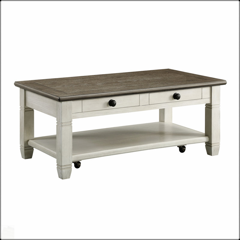Table de cocktail moderne en bois brun et blanc antique avec roulettes, 2 tiroirs et tablette inférieure pour le salon