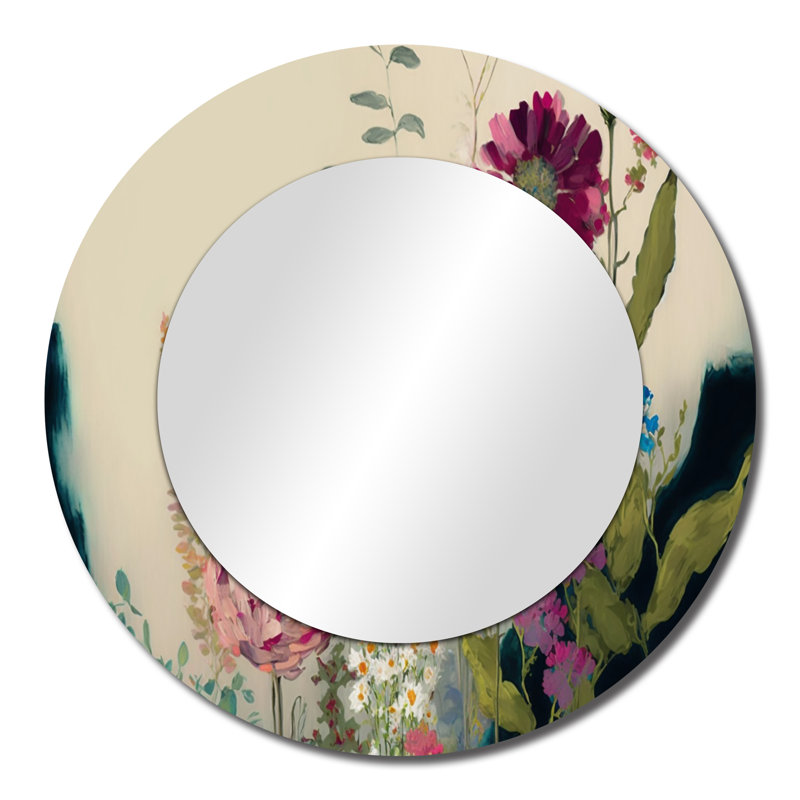 «Shamecia Painted Blossoming Wildflowers I», miroir mural décoratif floral, grand miroir rond crème, impression d'art en métal