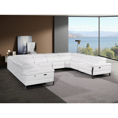 Top Grain Italian Leather 8-Piece U-Shaped Modular Power Reclining Sectional With 4 Power Recliners & Power Headrests – No Console
