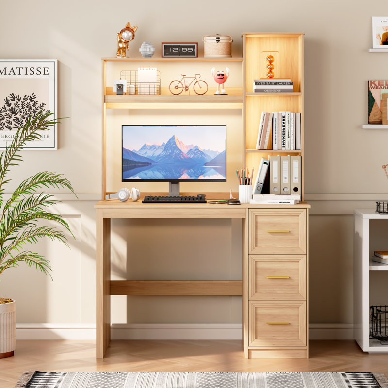 Computer Desk with Power Outlet and Tri-Color Light, Home Desk with Shelves and Drawer, Oak