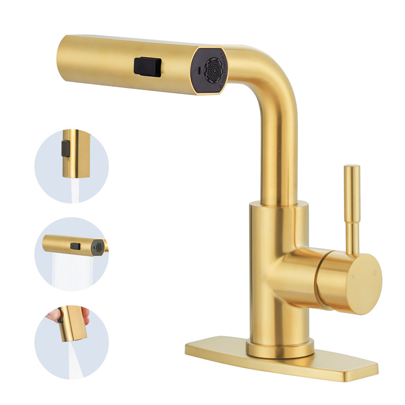 Single Handle Pull Out Kitchen Faucet With Unique 90° Swivel Sprayer Head In Three Function Modes, Gold