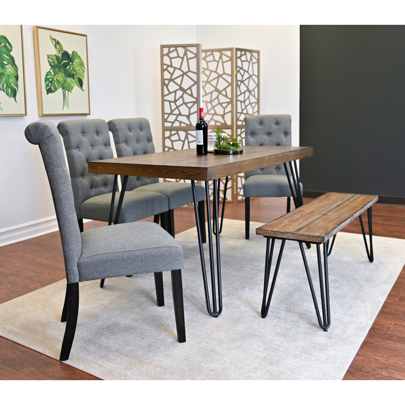 Ensemble de salle à manger 6 pièces, table à manger en épingle à cheveux avec 4 chaises et banc, 4 options de couleur, Gris