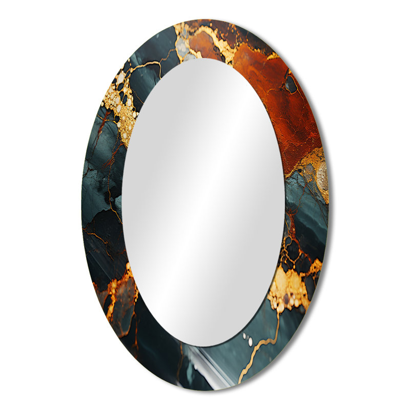 Gold And Green Serene Abstract Marble Dream V - Large Oval Wall Mirror On Metal, 36" x 24"