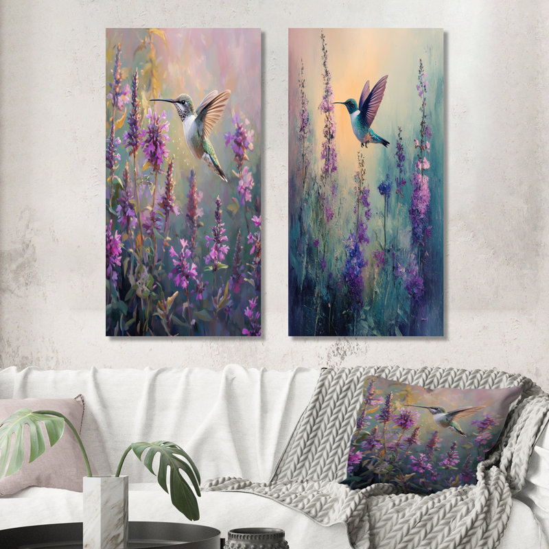 Colibri dans les fleurs sauvages III - animaux, art mural 2 pièces, H 28 po x l 25 po, Toile tendue