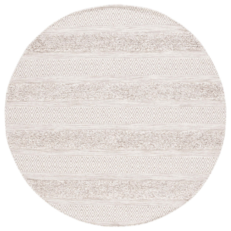 Tapis rayé en laine / coton tissé à la main Vermont beige / gris, Rond 6 pi
