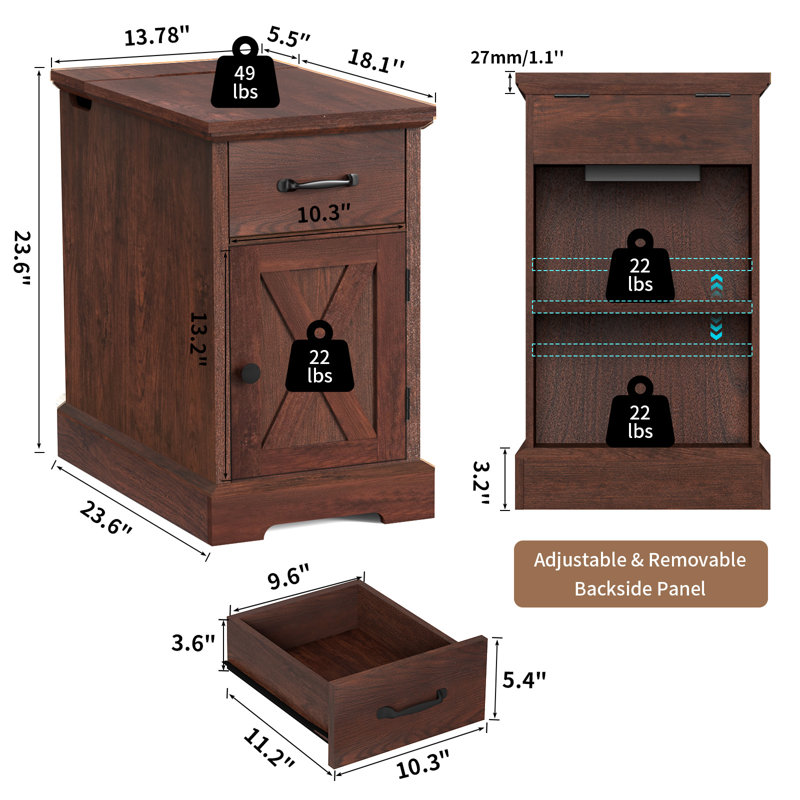 Farmhouse End Table With Built-In Outlets & Adjustable Shelves, Brown