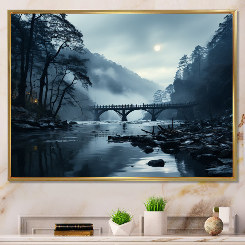 Blue Bridge In Silence II - Architecture Wall Art Living Room, Cadre flottant doré, H 24 po x l 32 po x P 1 po
